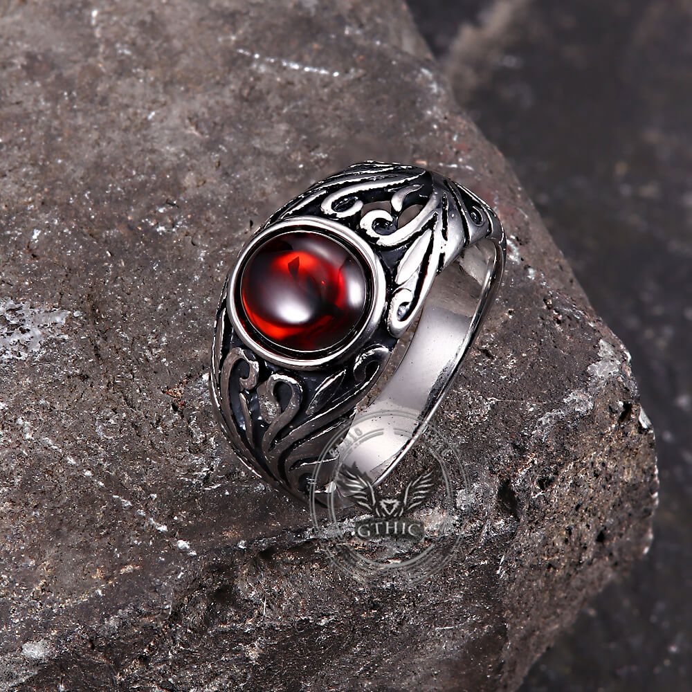 Vintage Floral Pattern Red Gem Stainless Steel Ring