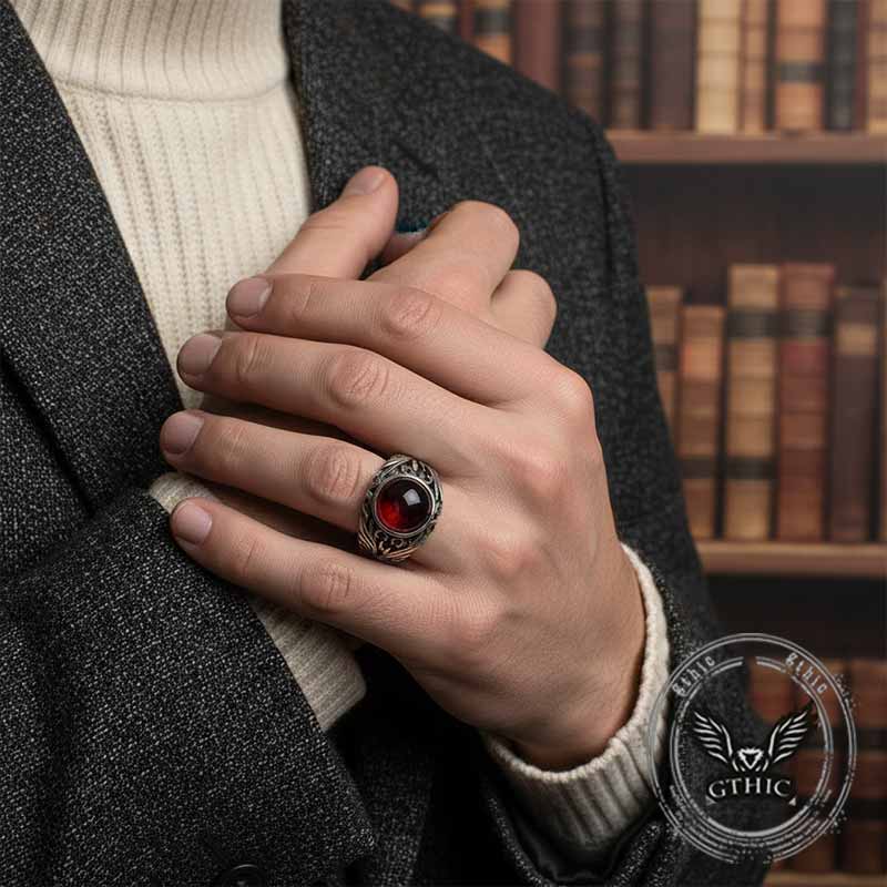 Vintage Floral Pattern Red Gem Stainless Steel Ring | Gthic.com