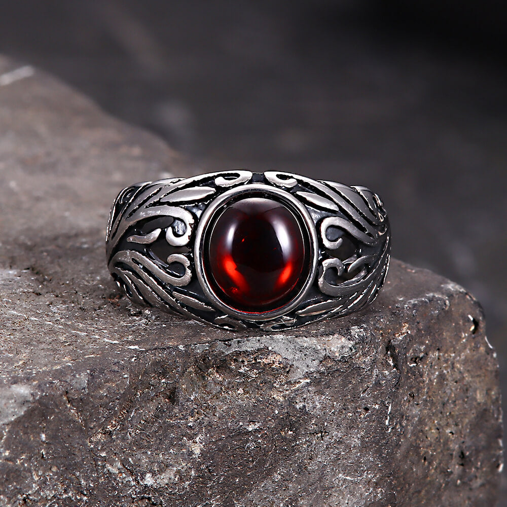 Vintage Floral Pattern Red Gem Stainless Steel Ring | Gthic.com