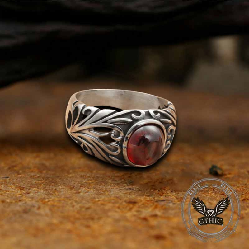 Vintage Floral Pattern Red Gem Stainless Steel Ring | Gthic.com