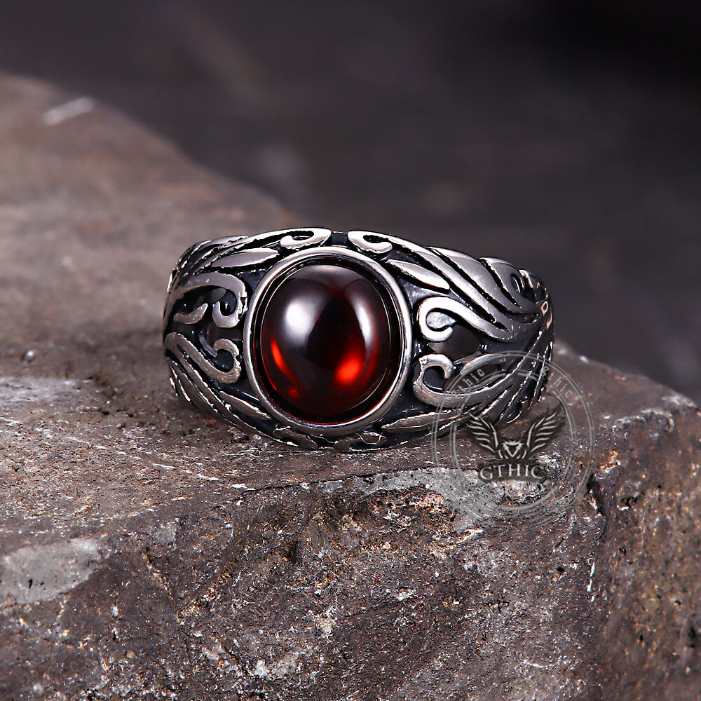 Vintage Floral Pattern Red Gem Stainless Steel Ring