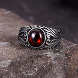 Vintage Floral Pattern Red Gem Stainless Steel Ring