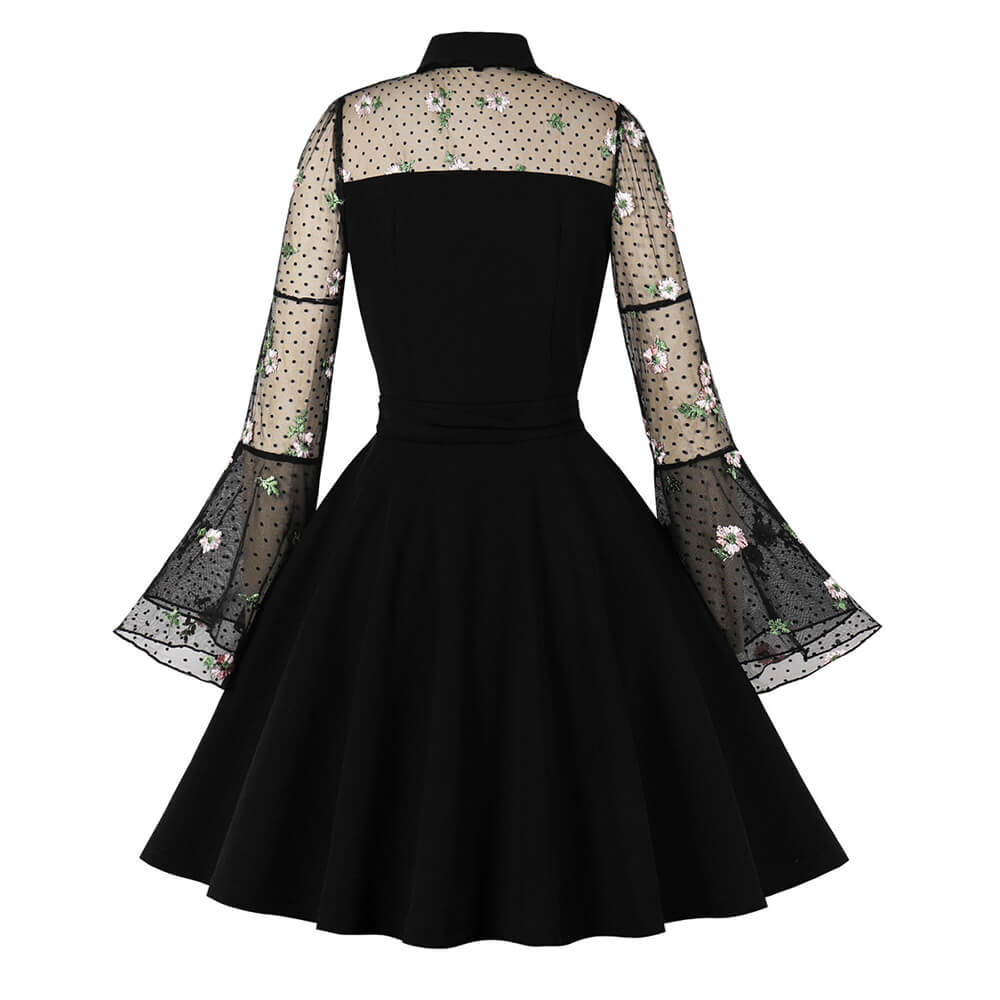 Vintage Flower Embroidered Mesh Patchwork Dress, Pink / M (Bust 90 cm)