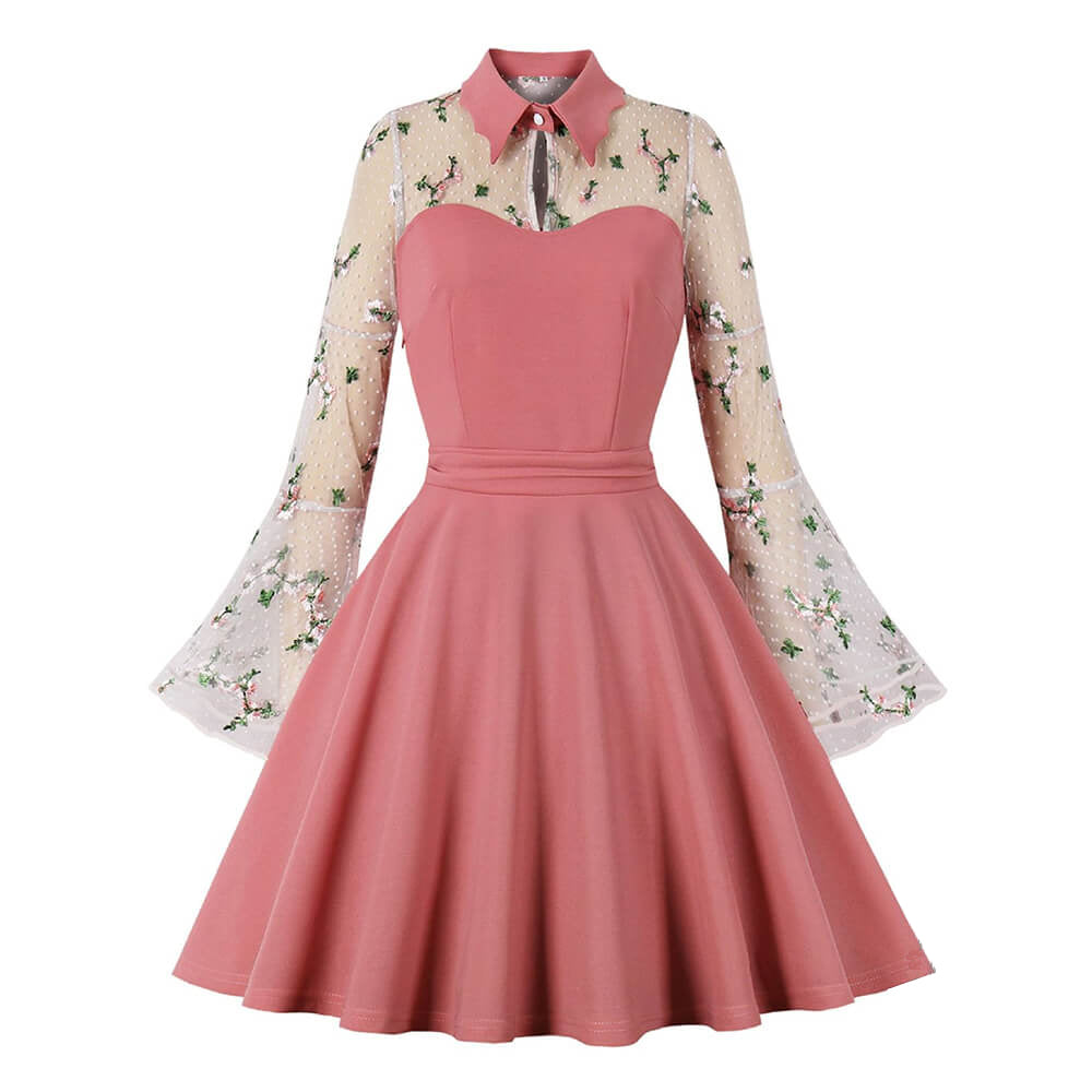 Vintage Flower Embroidered Mesh Patchwork Dress, Pink / M (Bust 90 cm)