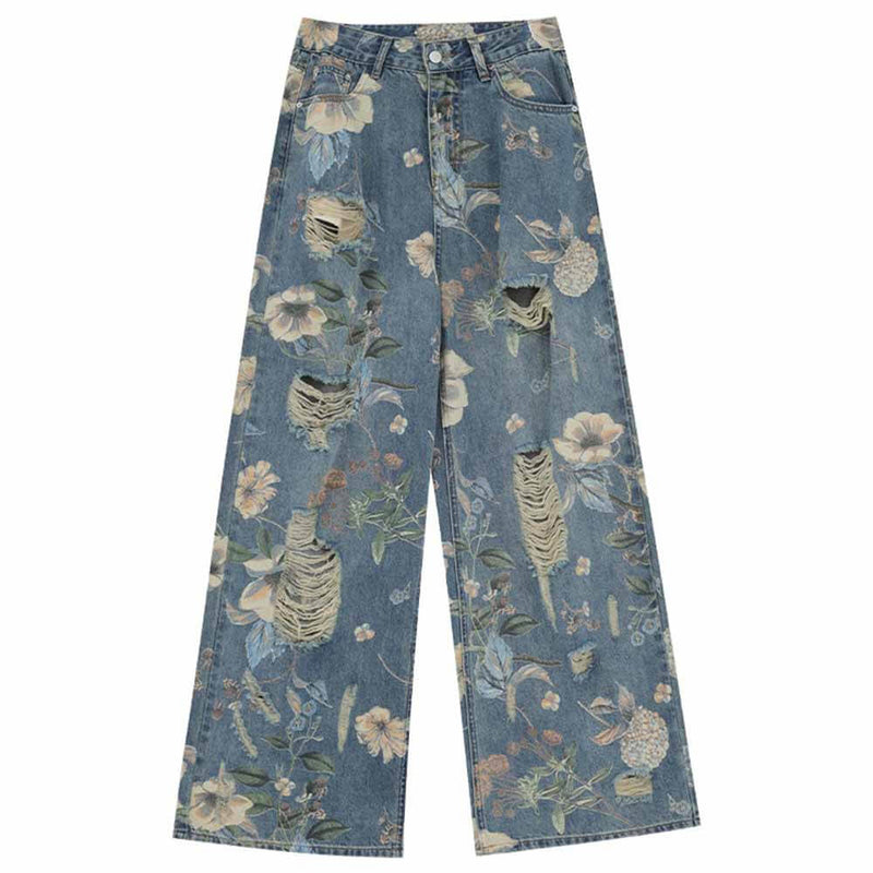 Vintage Flower High Waist Straight Wide Leg Pants | Gthic.com