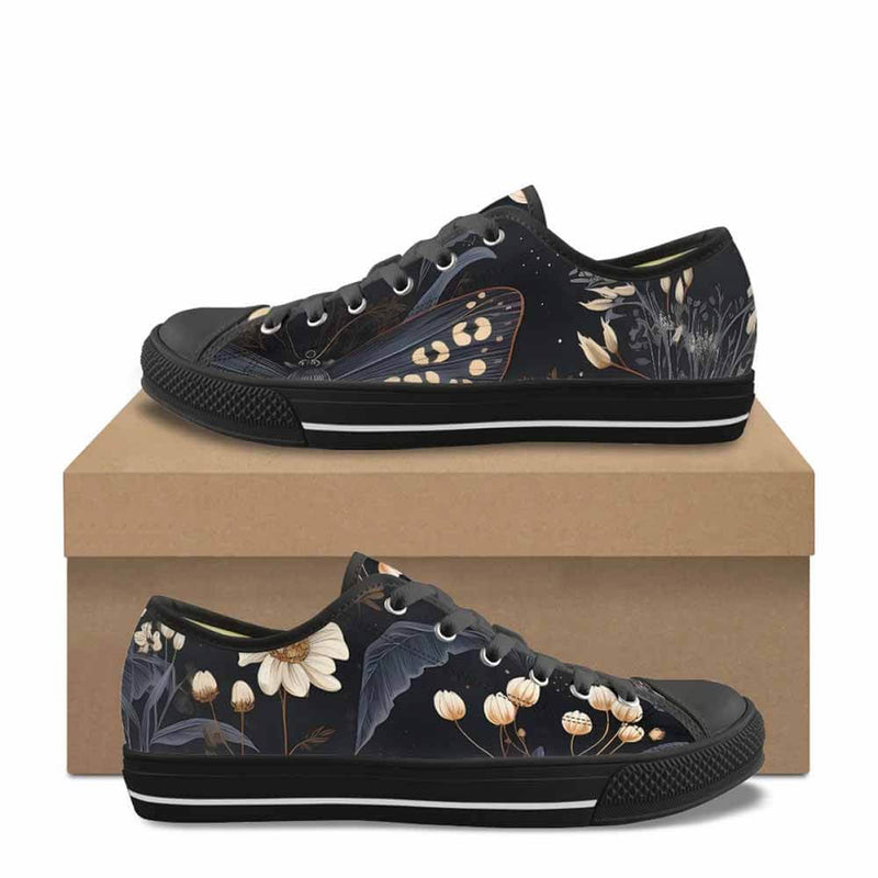 Vintage Flower In Black Canvas Shoes | Gthic.com