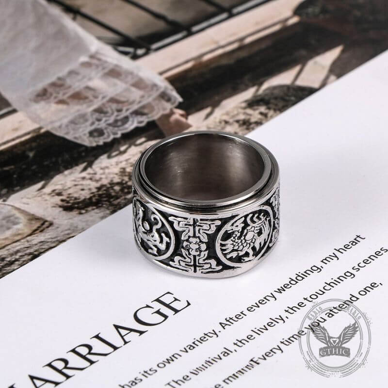 Vintage Four Mythical Beasts Stainless Steel Spinner Ring | Gthic.com