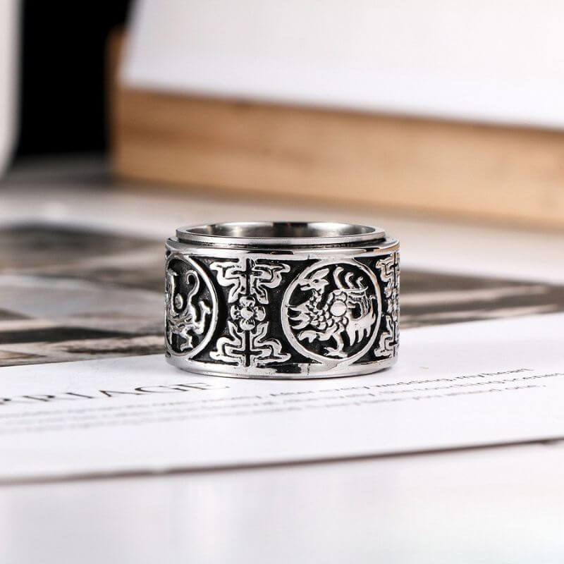 Vintage Four Mythical Beasts Stainless Steel Spinner Ring | Gthic.com