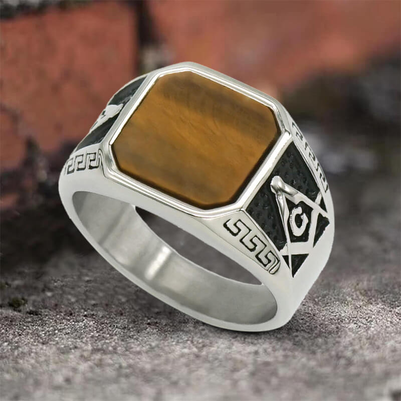 Vintage Frosted Lapis Lazuli Masonic Stainless Steel Ring