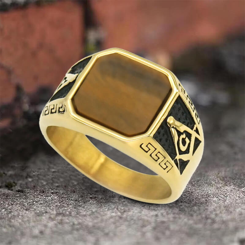 Vintage Frosted Lapis Lazuli Masonic Stainless Steel Ring