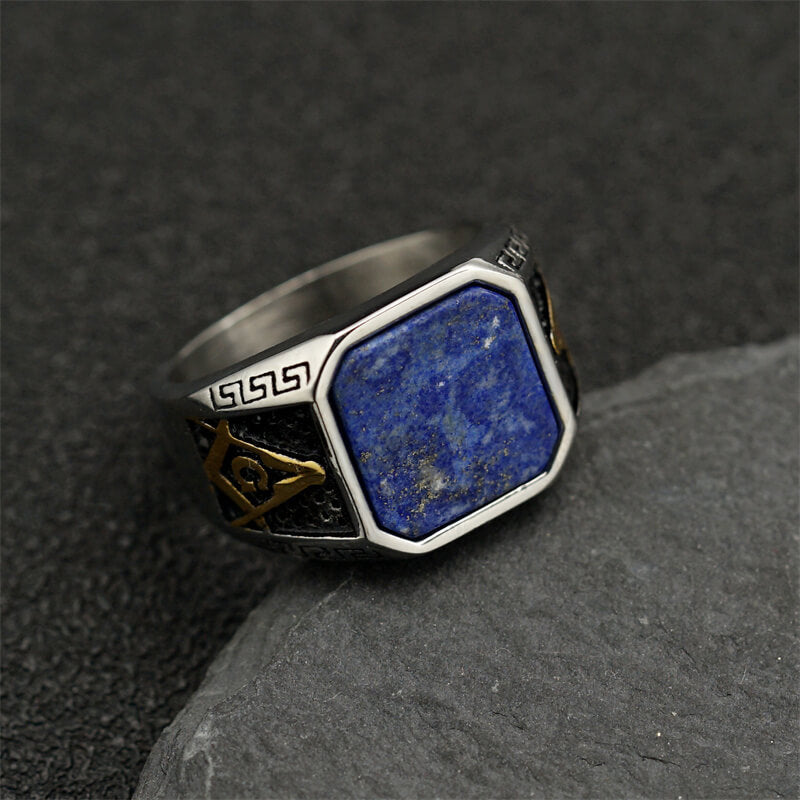 Vintage Frosted Lapis Lazuli Masonic Stainless Steel Ring