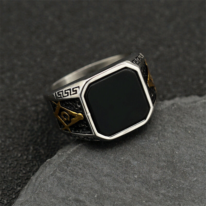 Vintage Frosted Lapis Lazuli Masonic Stainless Steel Ring