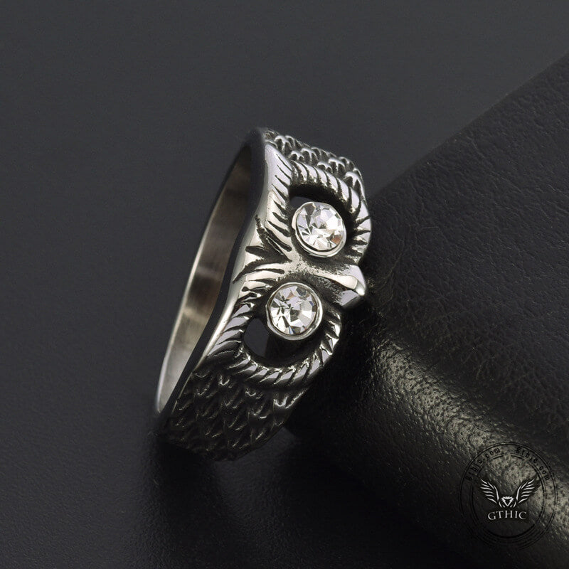 Vintage Gem-set Owl Stainless Steel Ring
