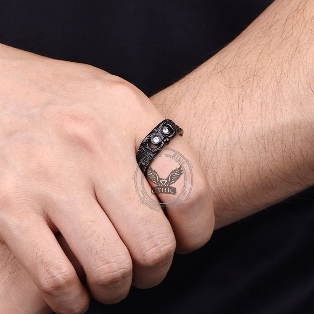 Vintage Gem-set Owl Stainless Steel Ring