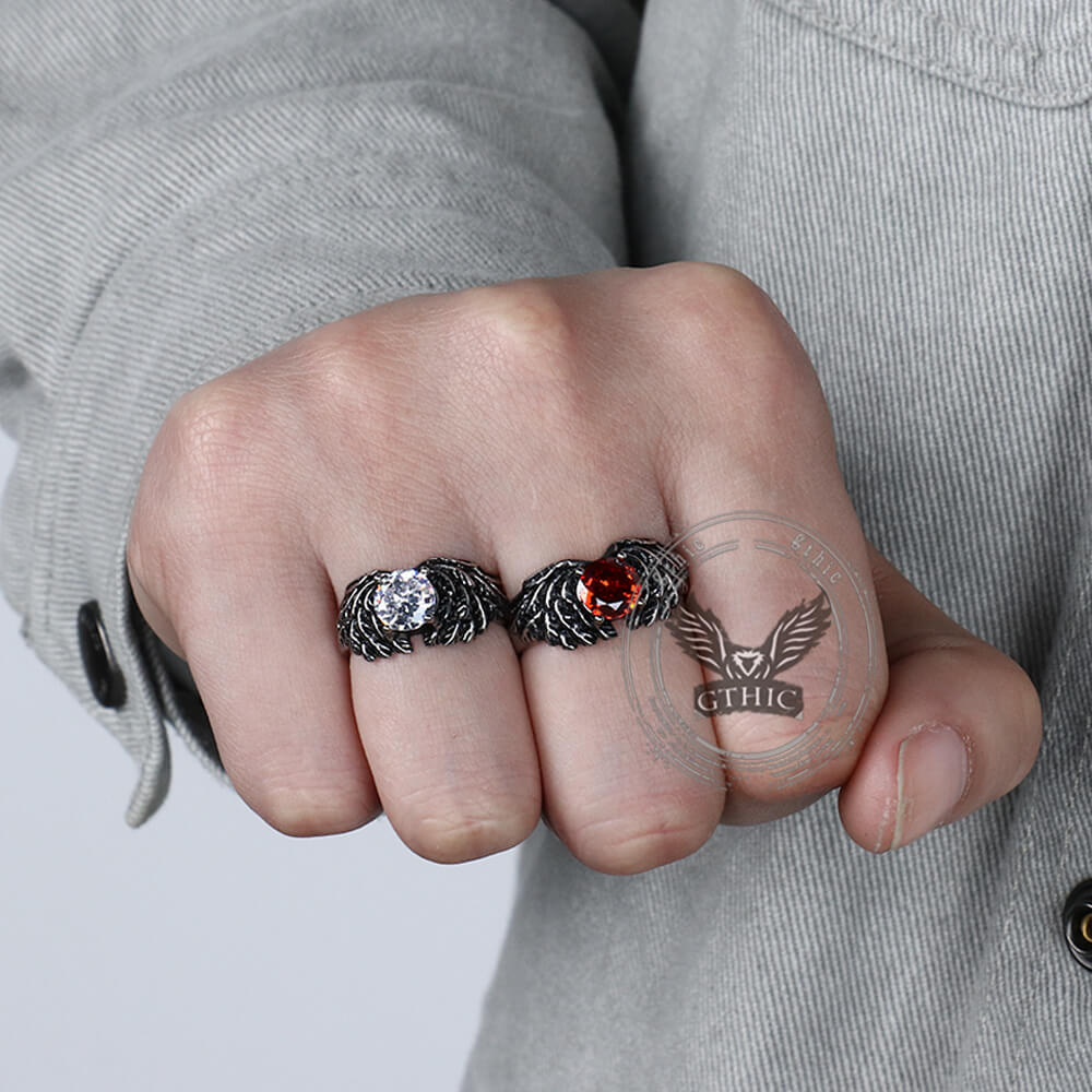 Vintage Gem-Set Wing Design Stainless Steel Ring | Gthic.com