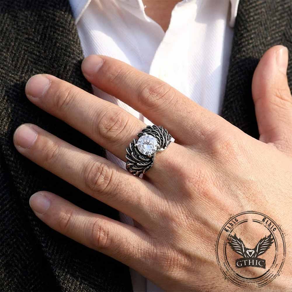 Vintage Gem-Set Wing Design Stainless Steel Ring | Gthic.com
