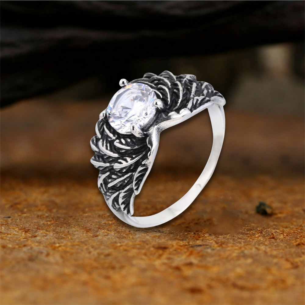 Vintage Gem-Set Wing Design Stainless Steel Ring | Gthic.com