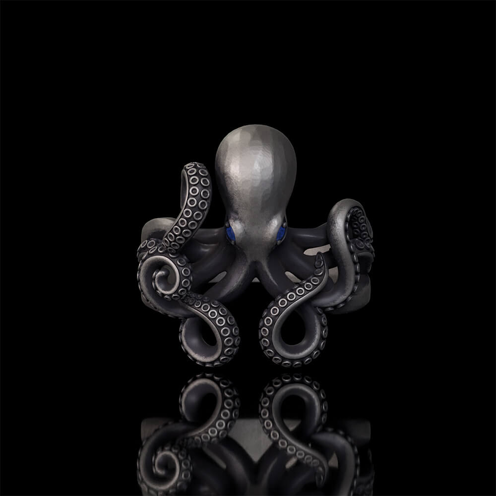 Vintage Gem Eye Octopus Tentacle Sterling Silver Marine Ring | Gthic.com
