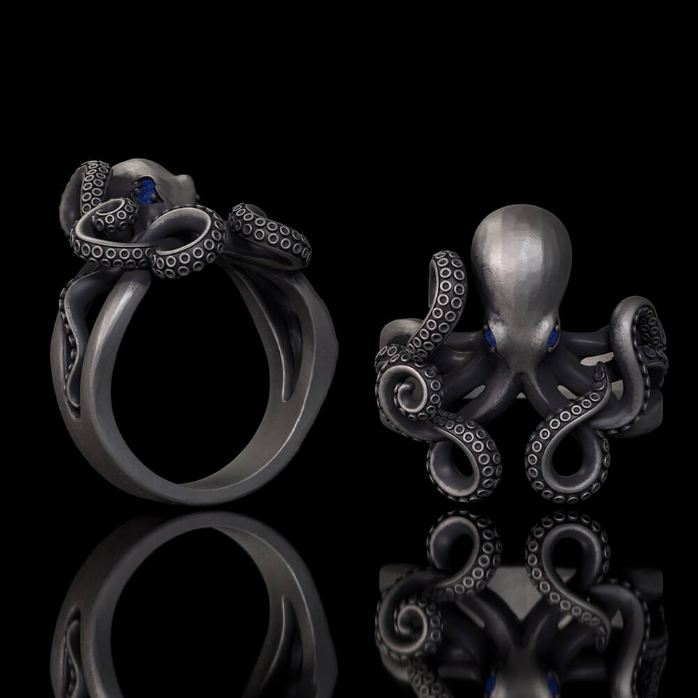 Vintage Gem Eye Octopus Tentacle Sterling Silver Marine Ring | Gthic.com