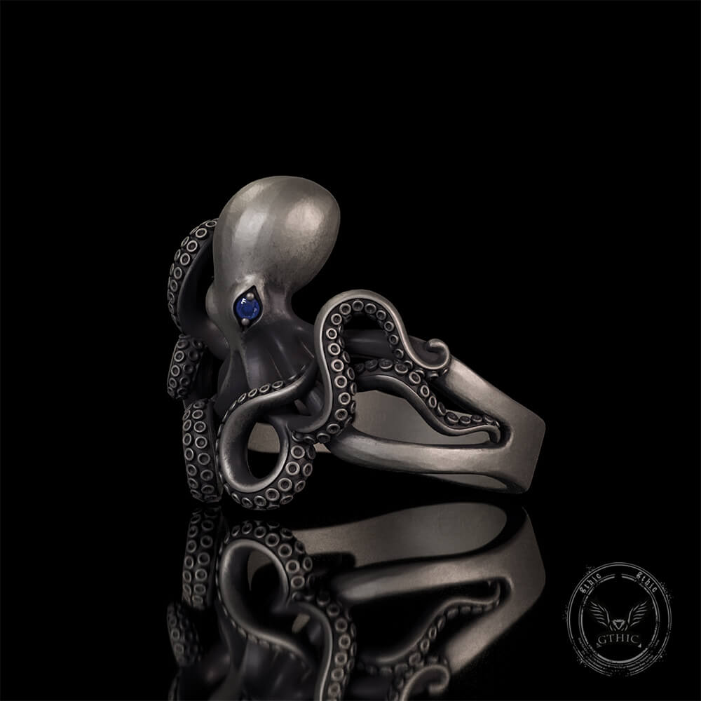 Vintage Gem Eye Octopus Tentacle Sterling Silver Marine Ring | Gthic.com