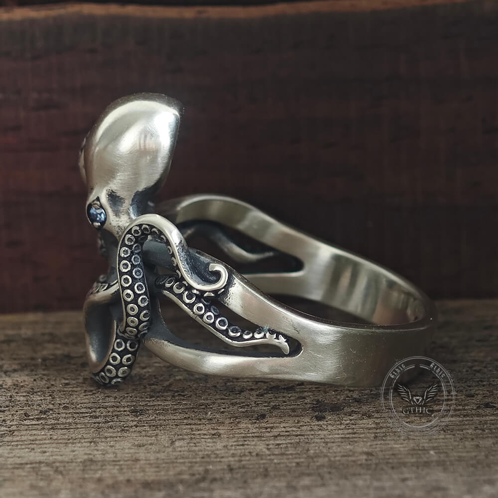 Vintage Gem Eye Octopus Tentacle Sterling Silver Marine Ring