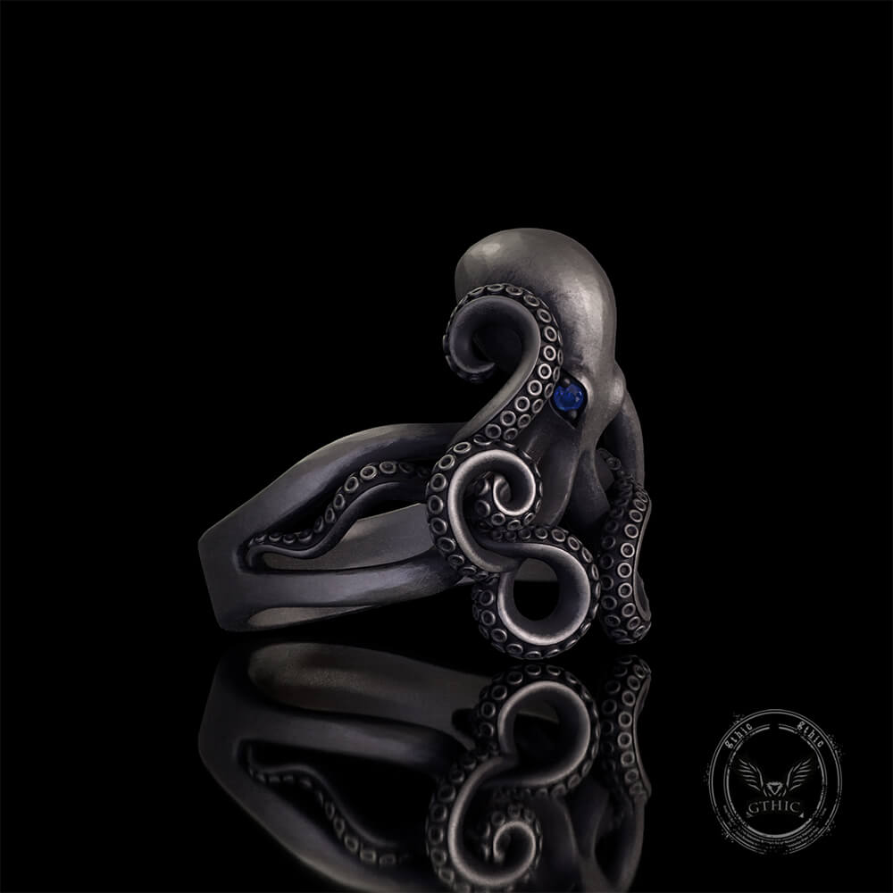Vintage Gem Eye Octopus Tentacle Sterling Silver Marine Ring | Gthic.com