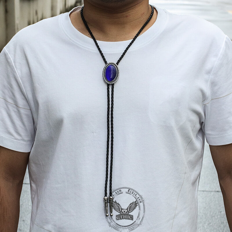 Vintage Gemstone Braided Leather Bolo Tie