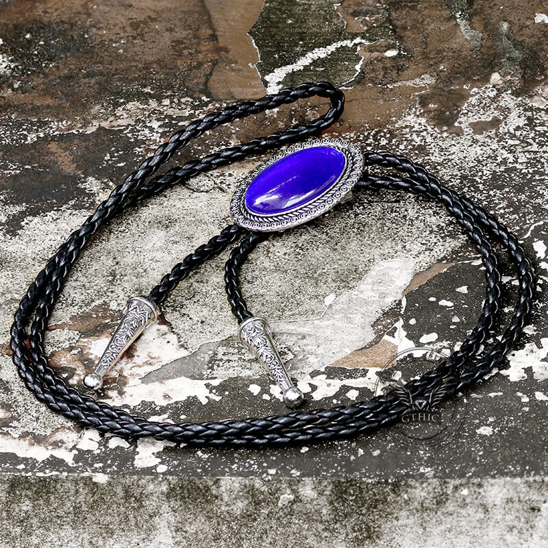 Vintage Gemstone Braided Leather Bolo Tie