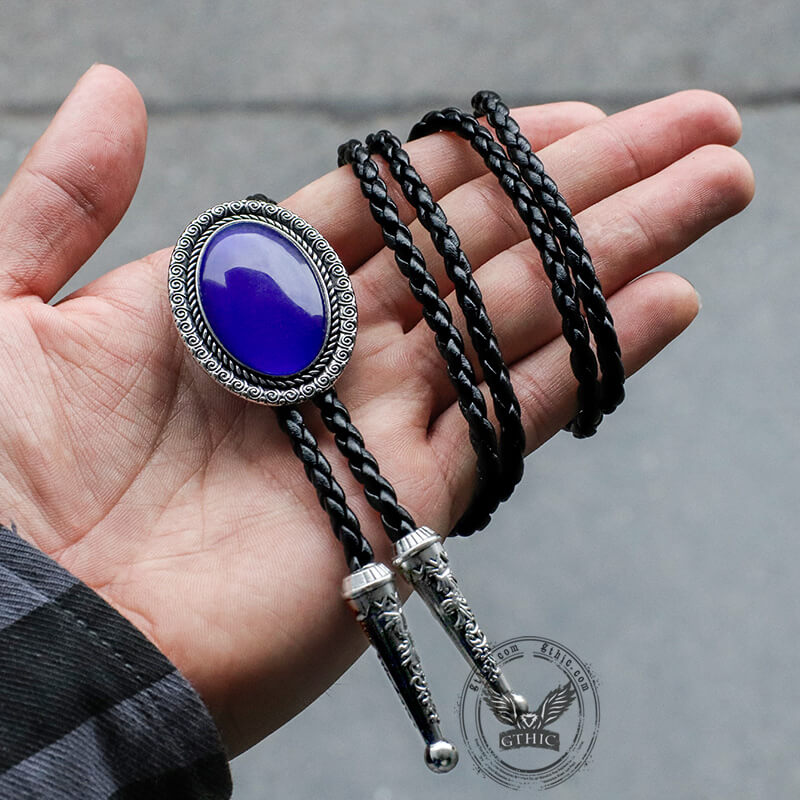 Vintage Gemstone Braided Leather Bolo Tie