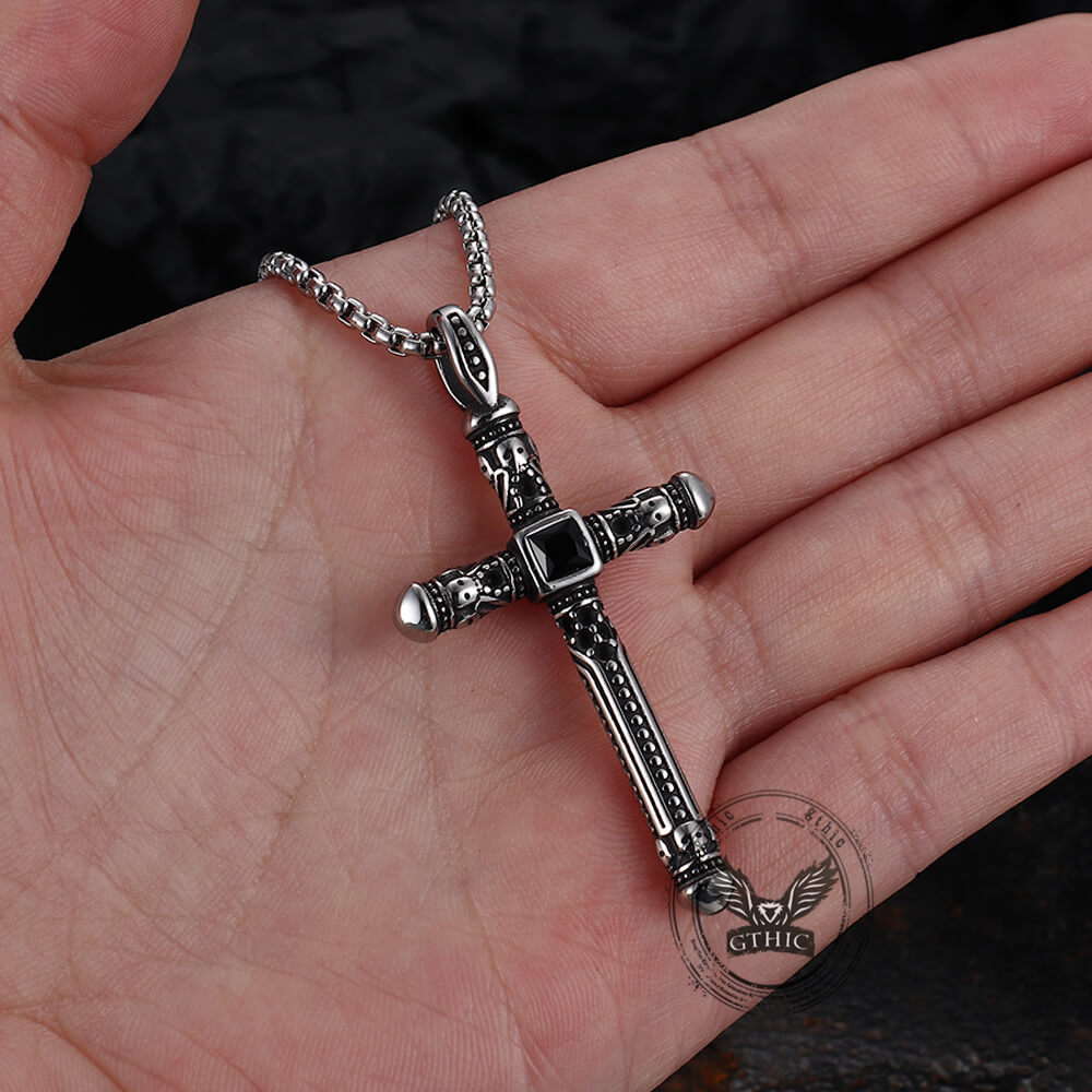 Vintage Gemstone Cross Skull Stainless Steel Pendant | Gthic.com