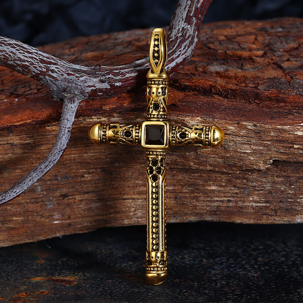 Vintage Gemstone Cross Skull Stainless Steel Pendant | Gthic.com