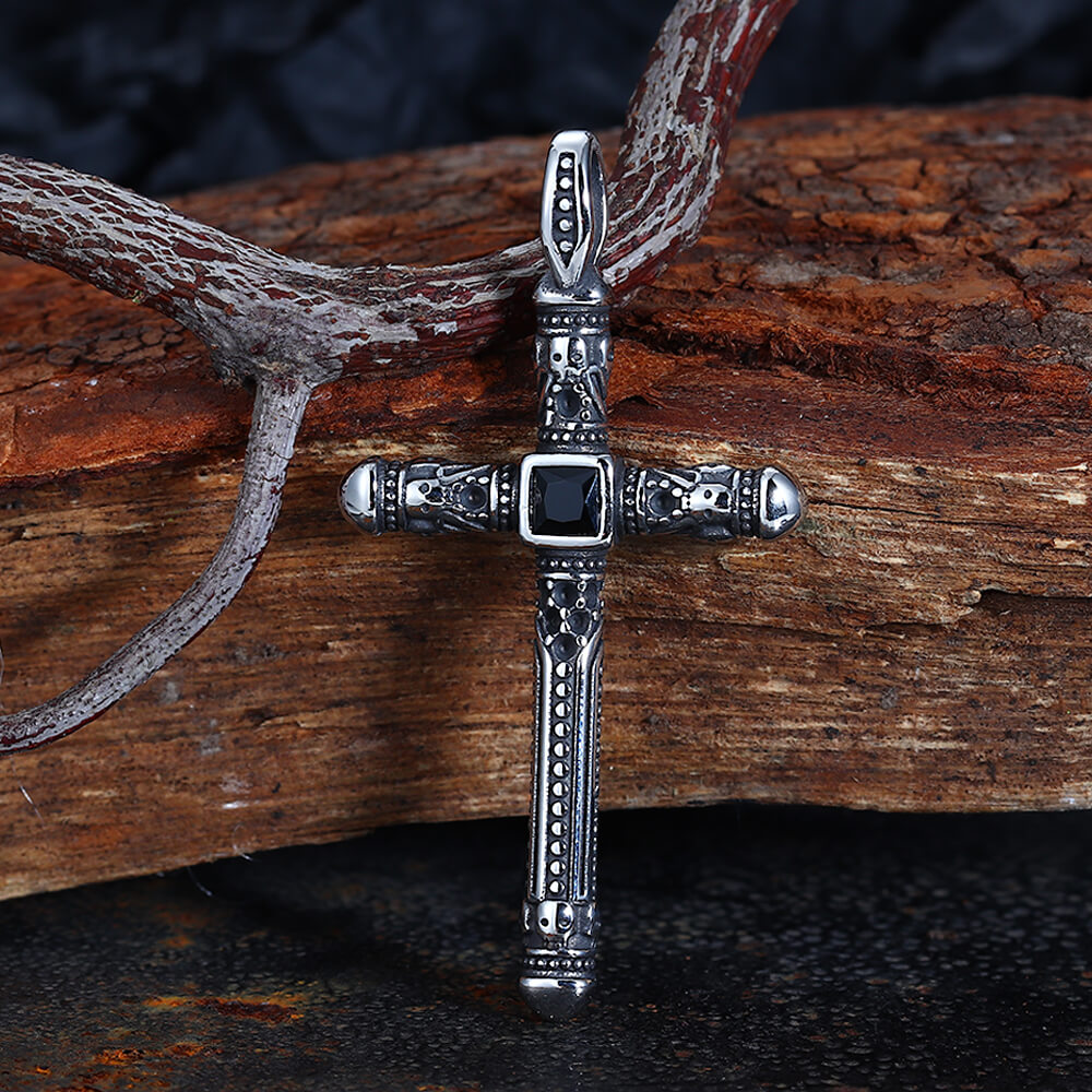 Vintage Gemstone Cross Skull Stainless Steel Pendant