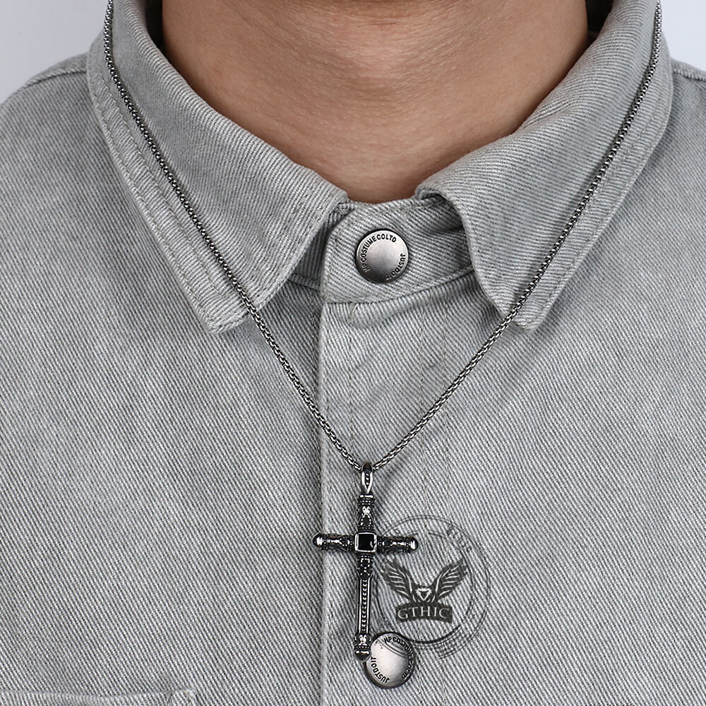 Vintage Gemstone Cross Skull Stainless Steel Pendant | Gthic.com