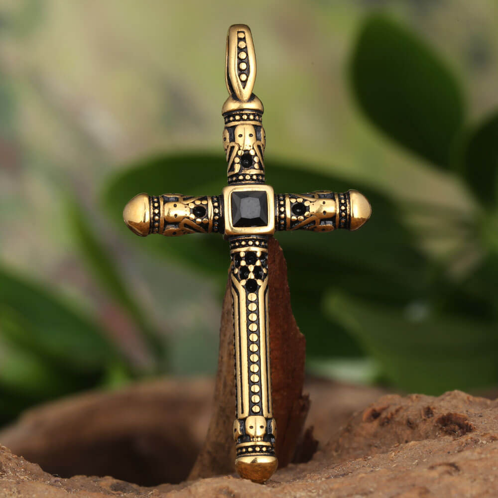 Vintage Gemstone Cross Skull Stainless Steel Pendant | Gthic.com