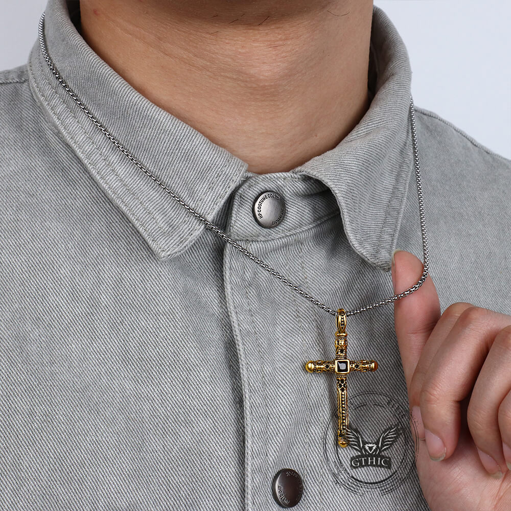 Vintage Gemstone Cross Skull Stainless Steel Pendant | Gthic.com