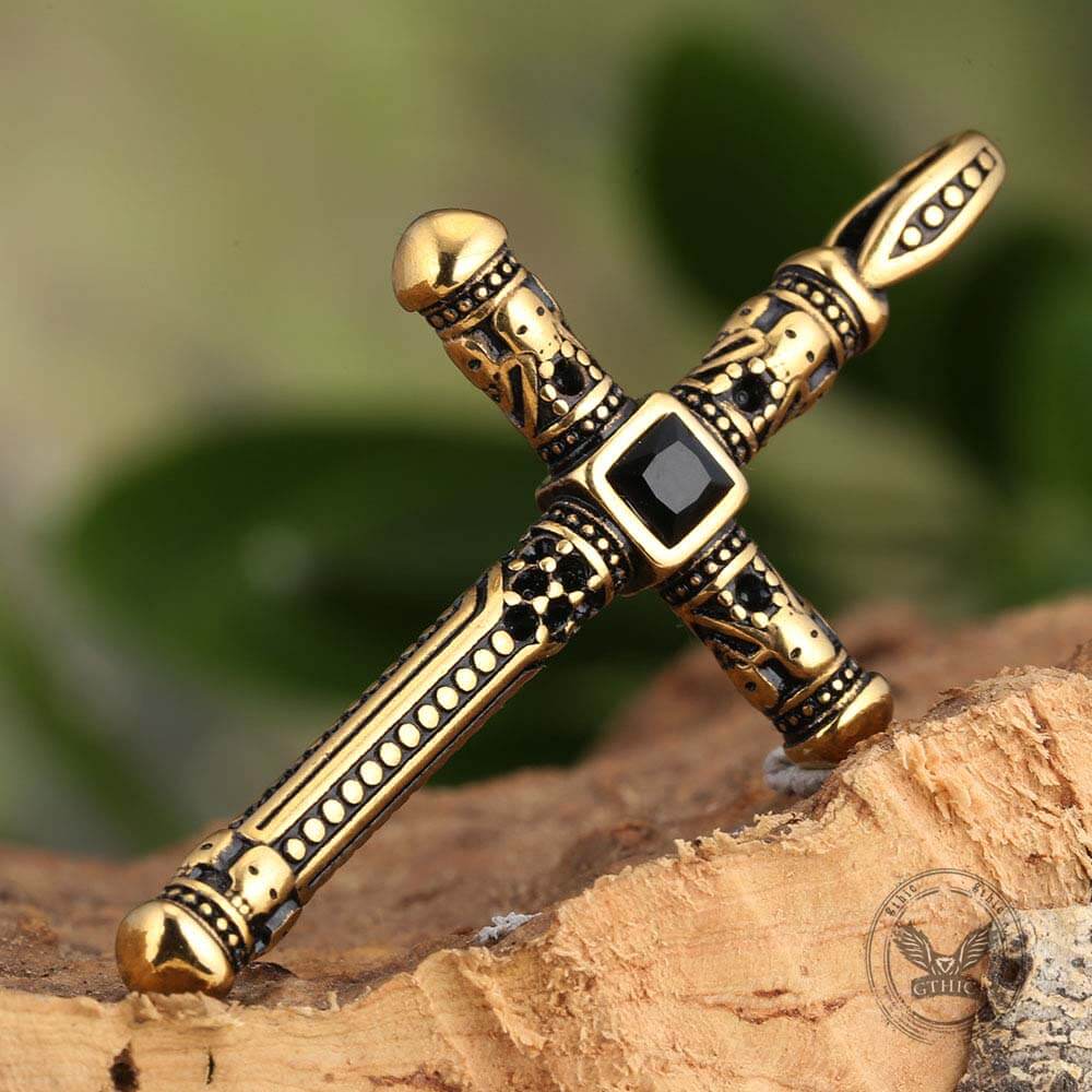 Vintage Gemstone Cross Skull Stainless Steel Pendant | Gthic.com