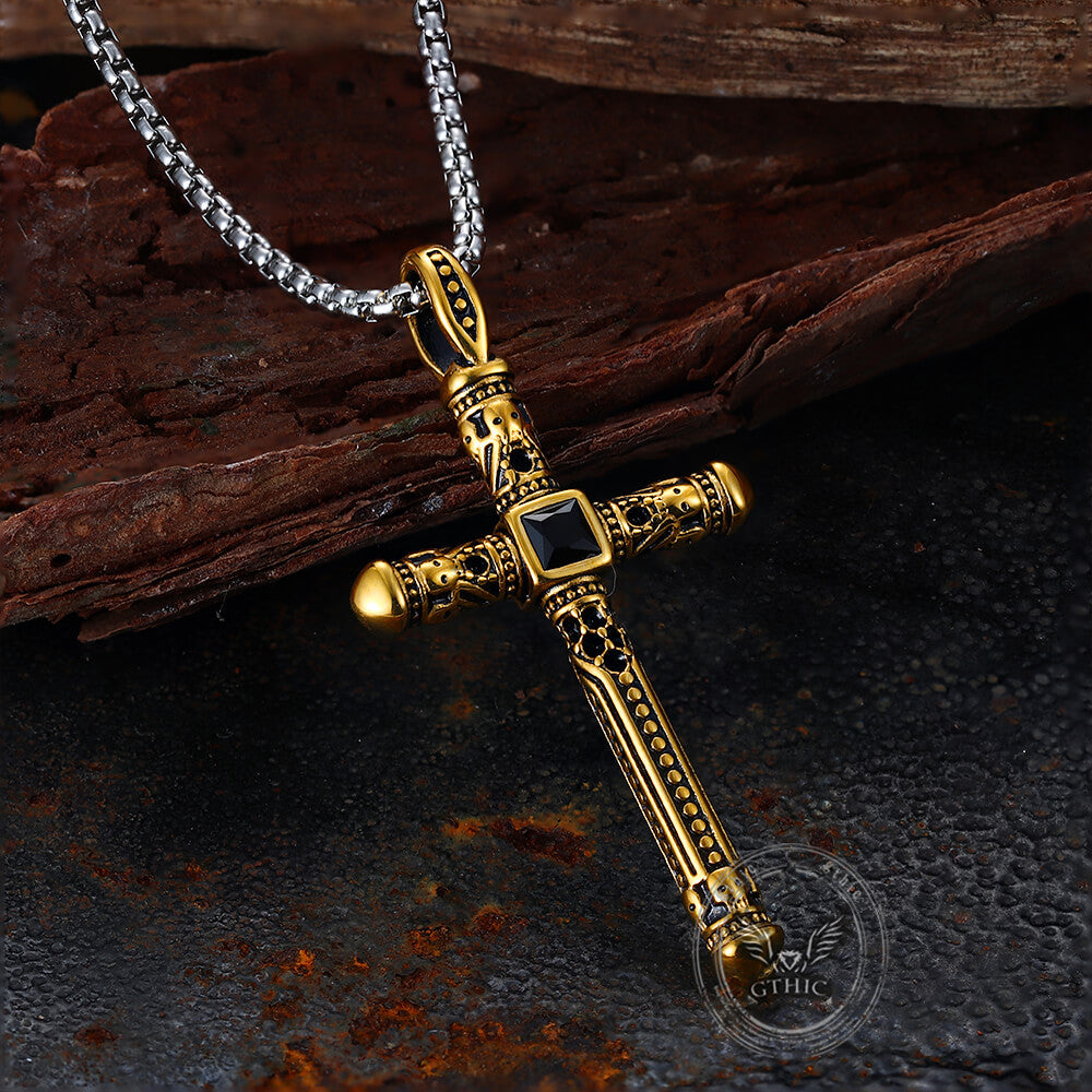 Vintage Gemstone Cross Skull Stainless Steel Pendant