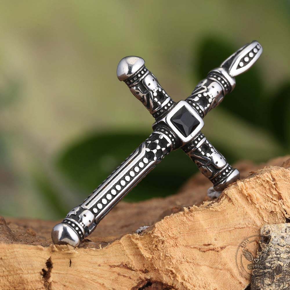 Vintage Gemstone Cross Skull Stainless Steel Pendant | Gthic.com