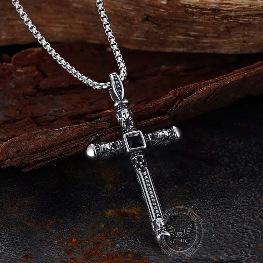 Vintage Gemstone Cross Skull Stainless Steel Pendant | Gthic.com
