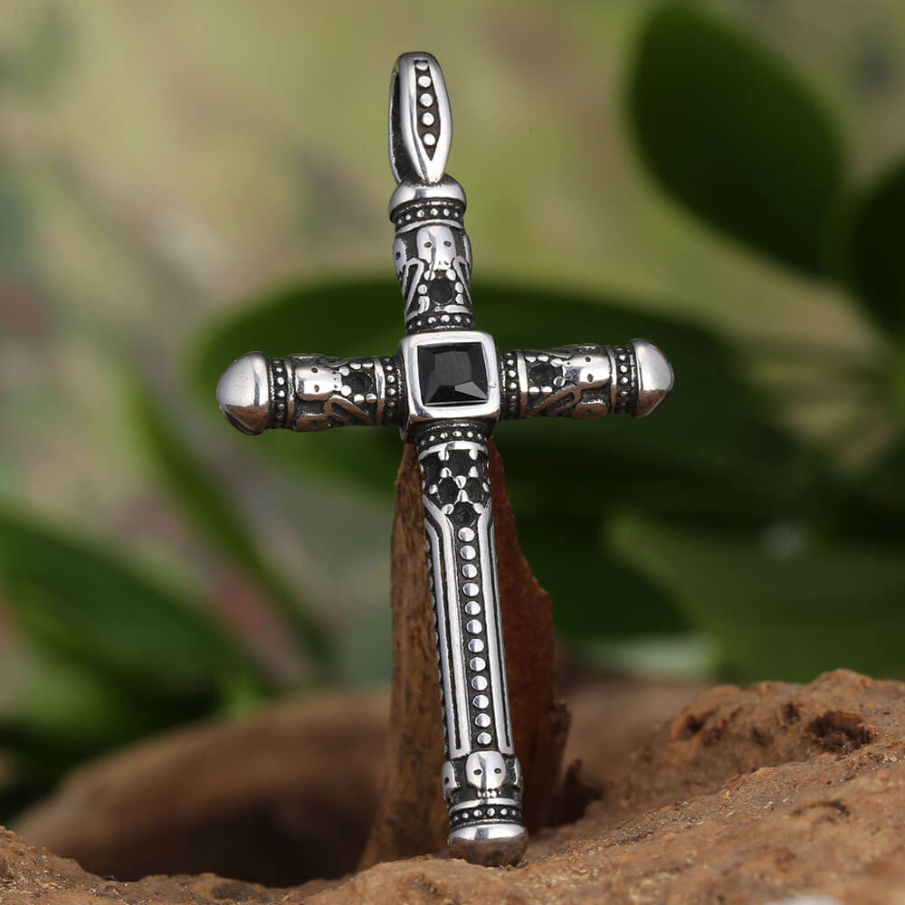 Vintage Gemstone Cross Skull Stainless Steel Pendant