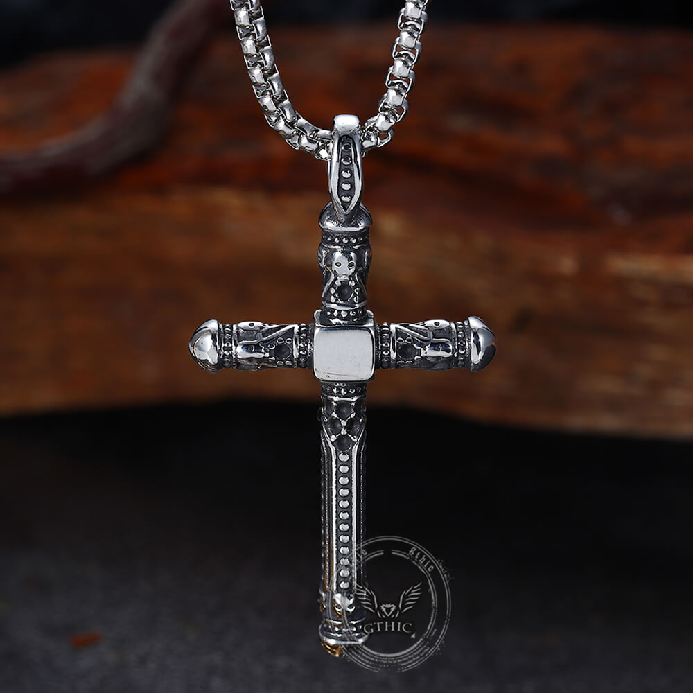 Vintage Gemstone Cross Skull Stainless Steel Pendant