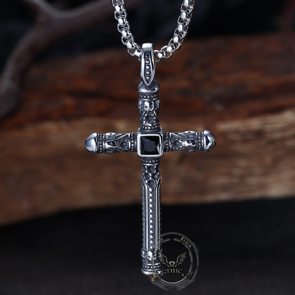 Vintage Gemstone Cross Skull Stainless Steel Pendant