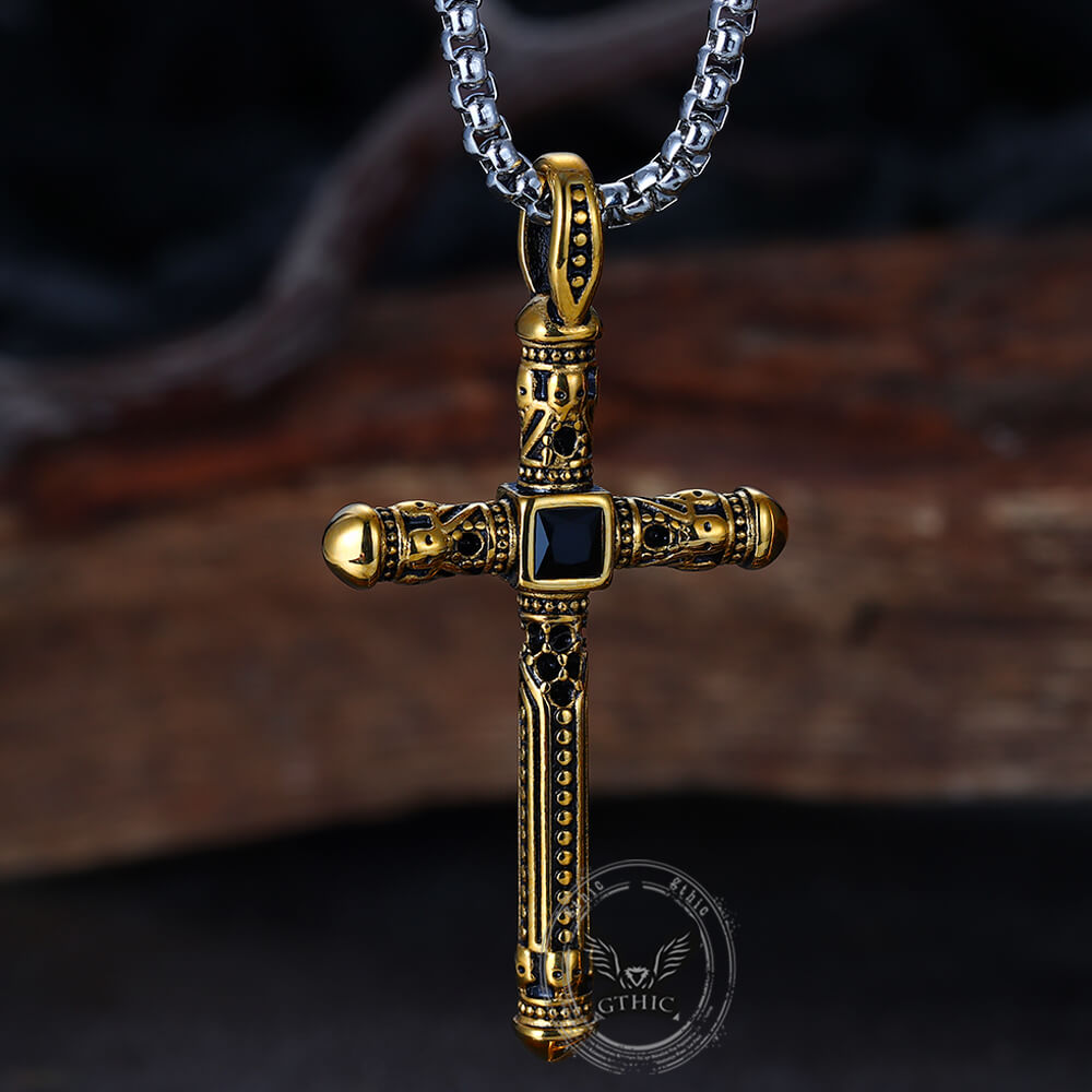 Vintage Gemstone Cross Skull Stainless Steel Pendant