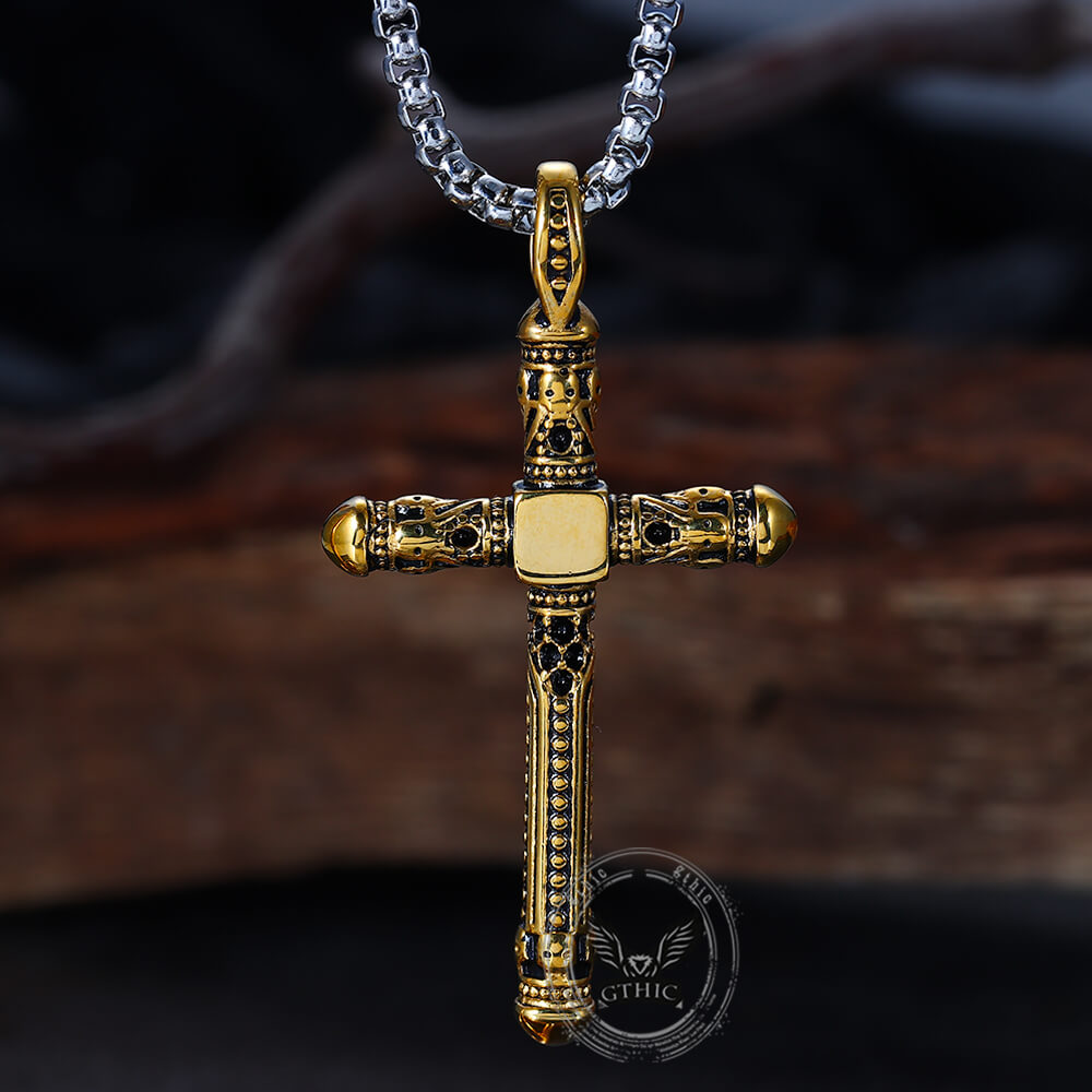 Vintage Gemstone Cross Skull Stainless Steel Pendant