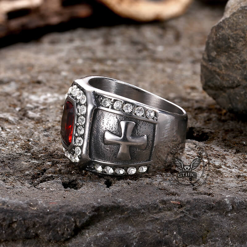 Vintage Gemstone Cross Stainless Steel Ring