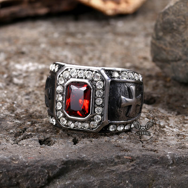 Vintage Gemstone Cross Stainless Steel Ring | Gthic.com