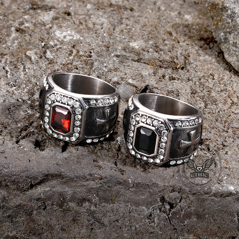 Vintage Gemstone Cross Stainless Steel Ring | Gthic.com