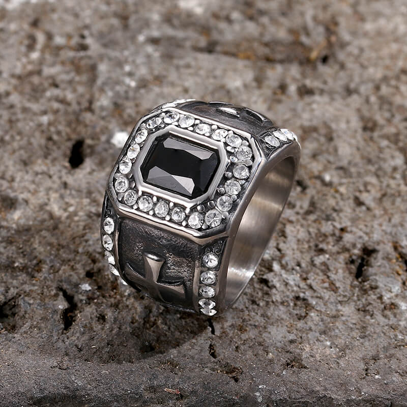 Vintage Gemstone Cross Stainless Steel Ring | Gthic.com
