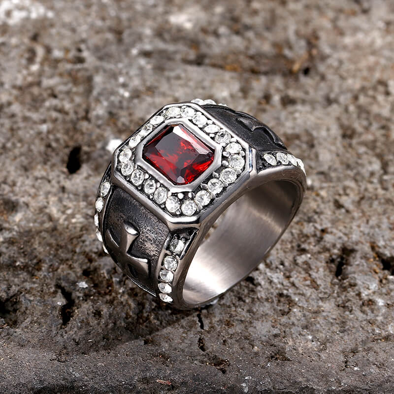 Vintage Gemstone Cross Stainless Steel Ring | Gthic.com