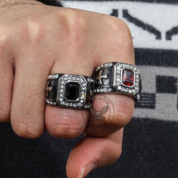Vintage Gemstone Cross Stainless Steel Ring | Gthic.com